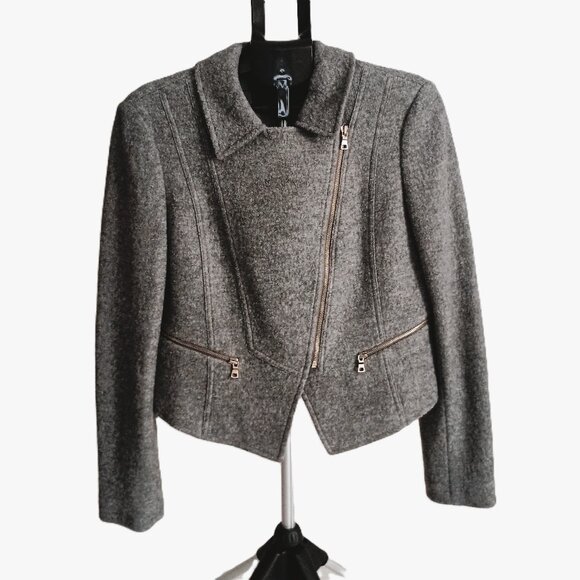 Ann Taylor Wool Blend Gray Textured Cropped Asymmetrical Jacket Women’s Size M - Picture 1 of 15